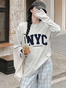 女款秋冬休閒街頭風寬鬆圓領百搭字母印花長袖T恤 - 淺花灰 - 查看 1