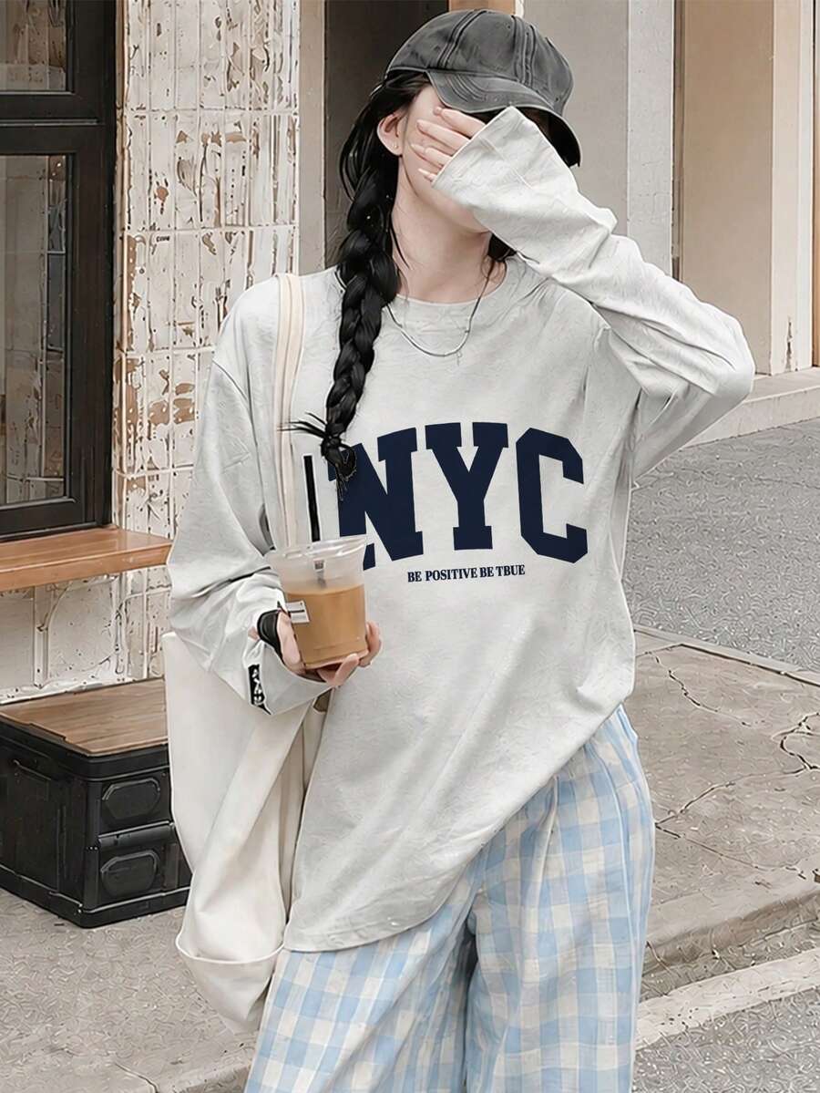 女款秋冬休閒街頭風寬鬆圓領百搭字母印花長袖T恤 - 淺花灰 - 查看 1