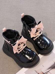 1 Pair Girls Fashion Boots, Simple Casual Versatile Fashion Boots, Bow Decor Princess Boots, Suitable For Autumn/Winter - Beige - View 1