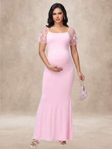 JustVH Maternity Cold Shoulder 3D Floral Long Mermaid Dress, Suitable For Baby Shower, Halloween, Autumn Party - Baby Pink - View 3