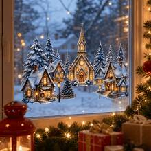 1pc Vintage Christmas Village Decorative Sticker, Church, Wooden House, Street Lamp, Cedar Tree, Self-Adhesive Wall Decal For Living Room, Door And Window - Multicolor - View 6