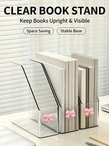 Transparent Acrylic Bookshelf With Bow Knot, Desktop File Organizer, Book Storage, Can Hold Magazines, Notes And Books, A4 File Magazine Organizer Box, Suitable For Home Study, School Office - Transparent + Pink - View 4