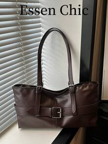 1pc Coffee Brown Buckle Strap Decor Large Capacity Solid Color PU Tote Bag Women's Shoulder Bag - Coffee Brown - View 2
