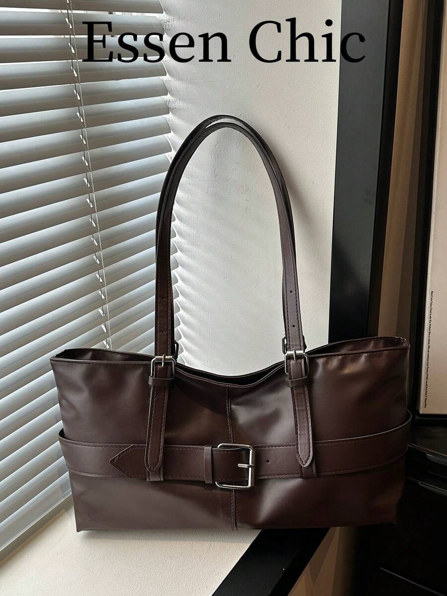 1pc Coffee Brown Buckle Strap Decor Large Capacity Solid Color PU Tote Bag Women's Shoulder Bag