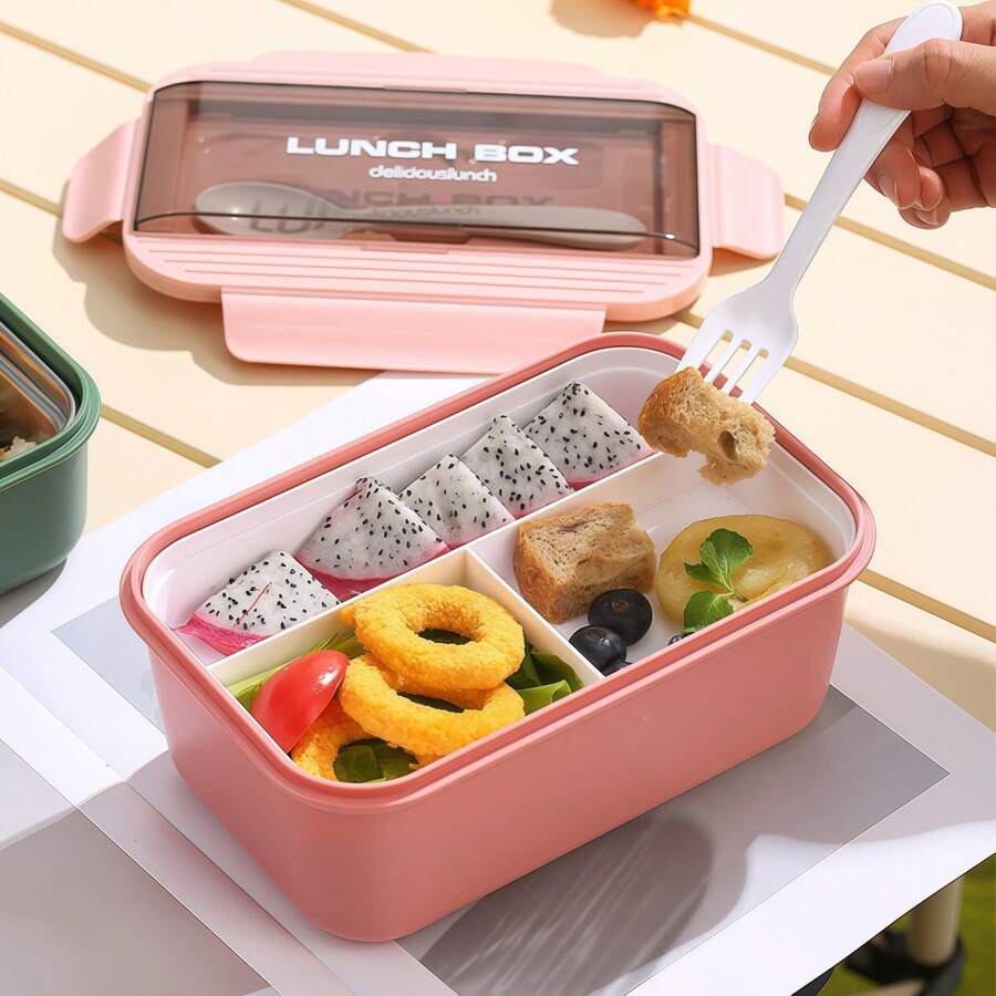 1 buah Kotak Bekal Bento - Merah Muda - Dengan Peralatan Makan, Kotak Bekal Microwave, Kotak Bekal yang Dapat Ditumpuk, Kotak Bekal Bento dengan Sendok dan Garpu, Tas Bekal Bento Berinsulasi - View 1