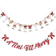 A Tini Bit Merry 橫幅套組，雞尾酒杯紙製花環，聖誕馬丁尼主題派對三角旗，居家房間節日酒吧牆面掛飾裝飾 - 彩色 - 查看 3