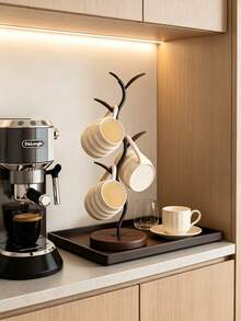 Tree-Shaped Black Metal Mug Holder With Solid Wood Base, Decorative Countertop Coffee Cup Display Rack, Suitable For Kitchen Counter, Dining Table, Home Decor - Black - View 6