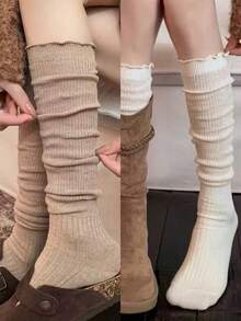 1 Pasang Kaos Kaki Bertumpuk dengan Tepi Bergelombang, Cocok Dipadukan dengan Sepatu Bot, Kaos Kaki Wanita Gaya Musim Semi/Gugur JK, Kaos Kaki Panjang Berenda Putih, Cocok untuk Sepatu Bot Panjang, Kaos Kaki Setinggi Betis - MultiWarna - View 23