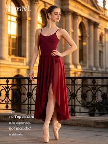 DonsGirl 1 st maxiklänning för kvinnor i balettstil, asymmetrisk volangdesign med hög slits, flödande danskjol, lämplig för solodans, modern dans, scenframträdande och karneval - Bourgogne - Visa 5
