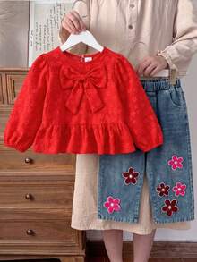 2pcs Girls Pastoral Mori Style Big Bow Decor Ruffle Hem Jacquard Top & Floral Embroidery Straight Leg Denim Jeans Versatile Casual Outfit Spring Autumn - Red - View 2