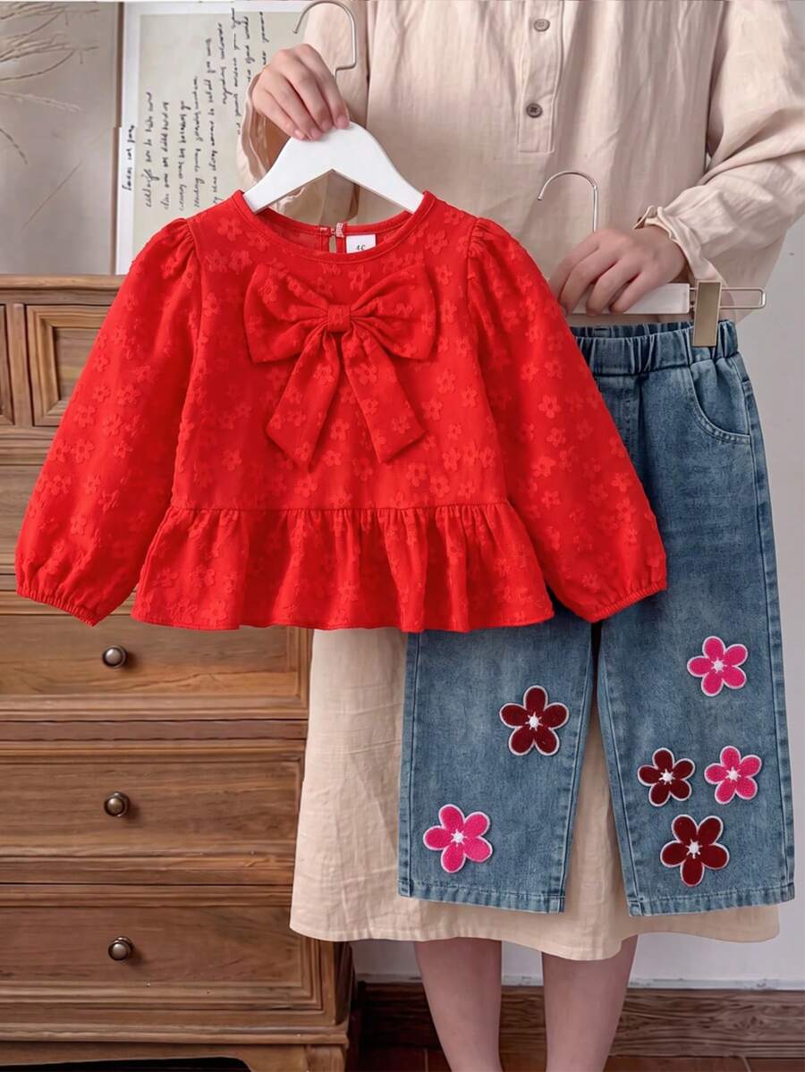 2pcs Girls Pastoral Mori Style Big Bow Decor Ruffle Hem Jacquard Top & Floral Embroidery Straight Leg Denim Jeans Versatile Casual Outfit Spring Autumn - Red - View 1