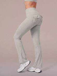 6pecil High Waist Flared Yoga Pants With Pockets, Ruched Butt Flared Pants, Tummy Control Anti-Wrinkle Design Sports Flared Pants, Autumn Outfit - Light Grey - View 14