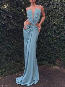 1pc Sexy Knitted Backless Evening Dress For Date Party - Blue - View 3