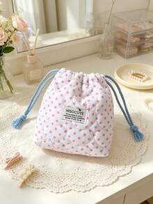 1pc Cute Polka Dot Storage Basket Quilted Drawstring Makeup Bag Lace Decor Cosmetic Organizer Bucket Desktop Items Storage Bag Folding Small Basket - Multicolor - View 8