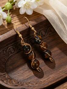Vintage Tiger Eye Stone Teardrop Pendant Earrings, Women's Gold Teardrop Style Bohemian Exaggerated Earrings, Suitable For Daily Wear And Party, Gift - Earring - View 8