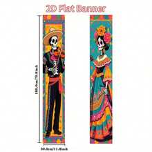 2D Flat Banner 2pcs Set Day Of The Dead Decorations, Mexican Day Of The Dead Door Curtain, Skeleton Musician And Dancer Pattern Door Curtain Background, Skeleton Musician And Dancer Pattern, Vintage Style Skeleton And Marigold Decoration - Multicolor - View 3
