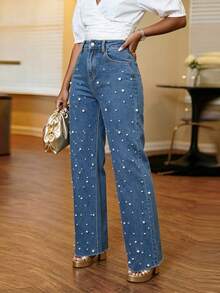 Women's Autumn/Winter Gorgeous Pearl Embellished Washed Grey Wide Leg Pants, Spring/Summer New Women's Jeans, Versatile For Daily Commute And Dating - Blue - View 3