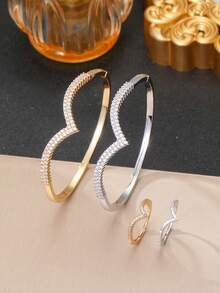 1 Set V-Shaped Cubic Zirconia Women's Bracelet & Ring Set, Gold/Silver Color Optional, Suitable For Banquet And Party Wear - Arrow SZ - View 2