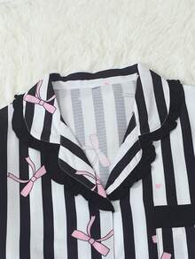 Women's Striped Bow Print Long Sleeve Long Pants Bubble Crinkle Pajama Set - Black - View 6
