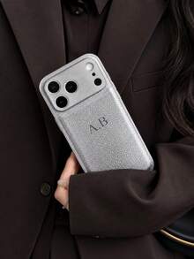 奢華客製化姓名人造 PU 皮革手機殼，適用於 Apple 17 16 15 14 13 12 11 Pro Max 14 15 16 Plus 17 Air，燙金字母全包保護殼，時尚手機殼 DIY 禮物，手機配件，字母姓名客製化，極簡防指紋防摔防震情侶手機殼軟殼，情人節禮物，生日禮物，節日禮物 - 銀色 - 查看 4