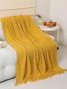 A Wavy Pattern Bed Blanket, Nordic Style Acrylic Rectangular Tassel Solid Color Sofa Throw Blanket Bed Decorative Blanket Lunch Blanket Knitted Blanket - Vertical Rhombus Yellow - View 3