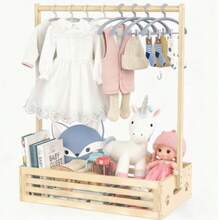 1pc Natural Solid‑Wood Freestanding Kids Clothes Rack With Slatted Bottom Storage Crate, Multi‑Tier Garment Organizer, For Nursery Playroom Children Room Home Decor - Multicolor - View 3