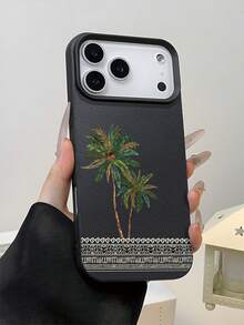 1pc 2D Printed Palm Tree Pattern Phone Case, Saudi Arabian Style Popular Creative Premium Design, Waterproof Durable Dustproof Fashion Minimalist With Camera Protection Black Matte Feel Full Coverage Protective Phone Case, Suitable As Easter, Christmas, Halloween, Birthday Gift For Girlfriend, Boyfriend, Friends Or Self-Use, Compatible With 18 Pro/18 ProMax, Compatible With Galaxy Series Models - Black - View 2