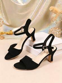 1 Pair Women's Black High Heel Sandals, Suede PU Fabric, Adjustable Buckle Strap, Rhinestone Pendant Decor, Minimalist Party Style, Suitable For Daily Wear, Office Commute, Parties And Events - Black - View 2
