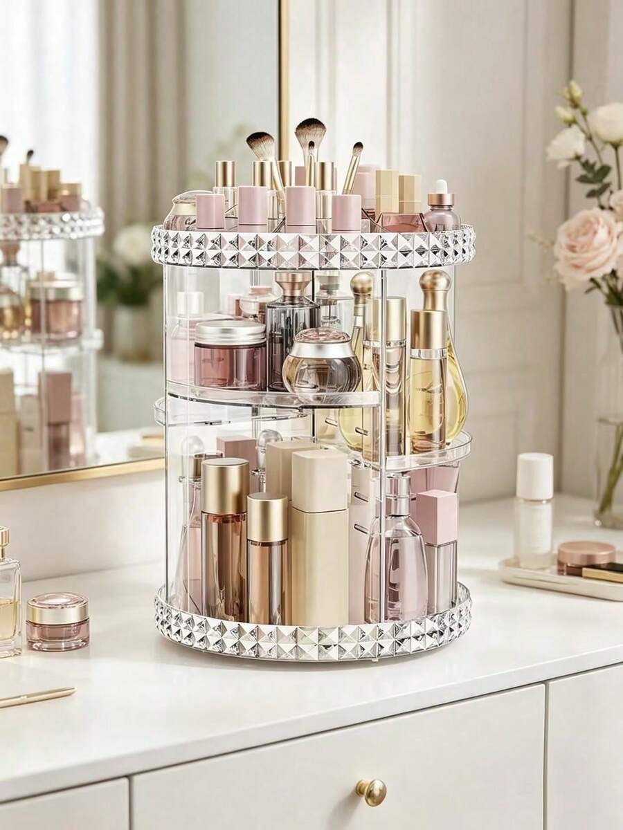 1pc 360° Rotating Makeup Organizer, Transparent Cosmetic Display Rack, Large Capacity Vanity Storage Organizer, Suitable For Lipstick, Brushes, Creams, Eyeshadow, Nail Polish And Jewelry, Desktop, Bathroom, Vanity Makeup Storage Box