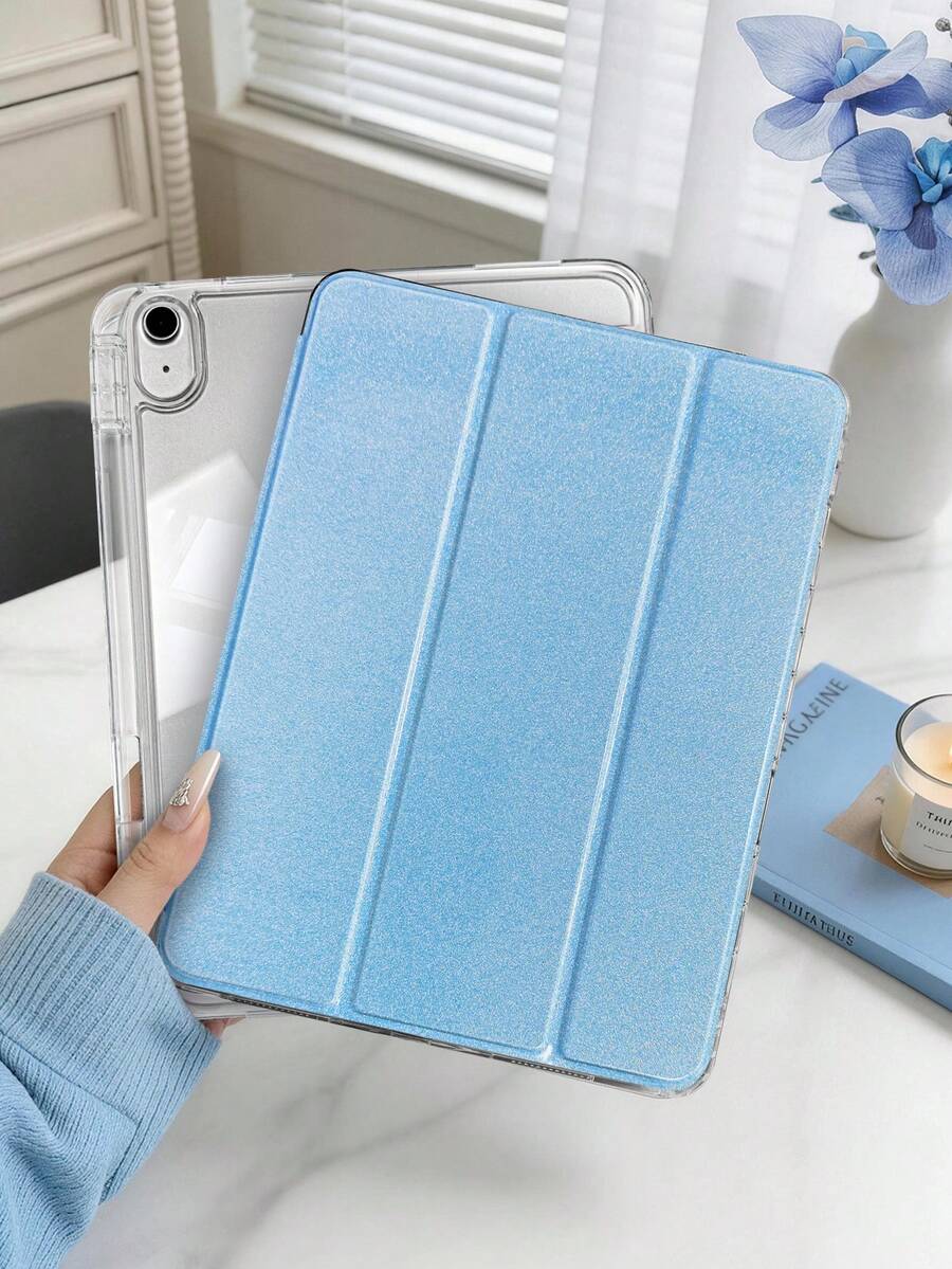1件白色冰藍亮片星空平板保護殼，相容 iPad Mini6/Mini7/10.2/10.5/10.9 (Air4-Air8)/11吋/10代/A16機型，防刮防塵前蓋，透明壓克力背殼，三折翻蓋支架，自動休眠/喚醒，內建筆槽