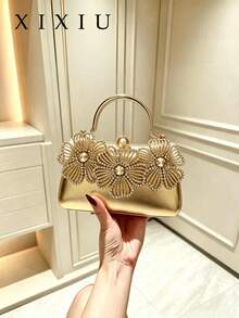 Dedoo Women Gold Evening Clutch, Curved Hard Frame Bag,3D Hollow Rhinestone Floral Pattern,Luxury Elegant Handbag For Weddings,Balls,Formal Occasions - Gold - View 1