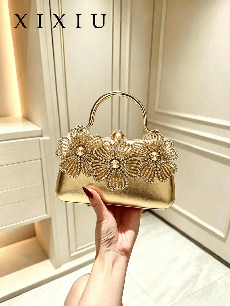Dedoo Women Gold Evening Clutch, Curved Hard Frame Bag,3D Hollow Rhinestone Floral Pattern,Luxury Elegant Handbag For Weddings,Balls,Formal Occasions - Gold - View 1