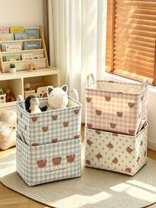 1pc Bear Print Checkered Storage Bin, Sweet Minimalist Style Fabric Rectangular Shape With Carry Handle Detail, Foldable Large Capacity Clothes Sundries Storage Organizer, For Bedroom Home Daily Use All Season Household Decor - Multicolor - View 6