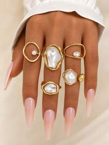 5pcs/Set Cincin Terbuka Geometris Mutiara Imitasi Sederhana dan Elegan untuk Wanita, Cincin Logam Berbentuk Tidak Beraturan yang Berlebihan, Perhiasan Hadiah - Yellow Gold - View 1