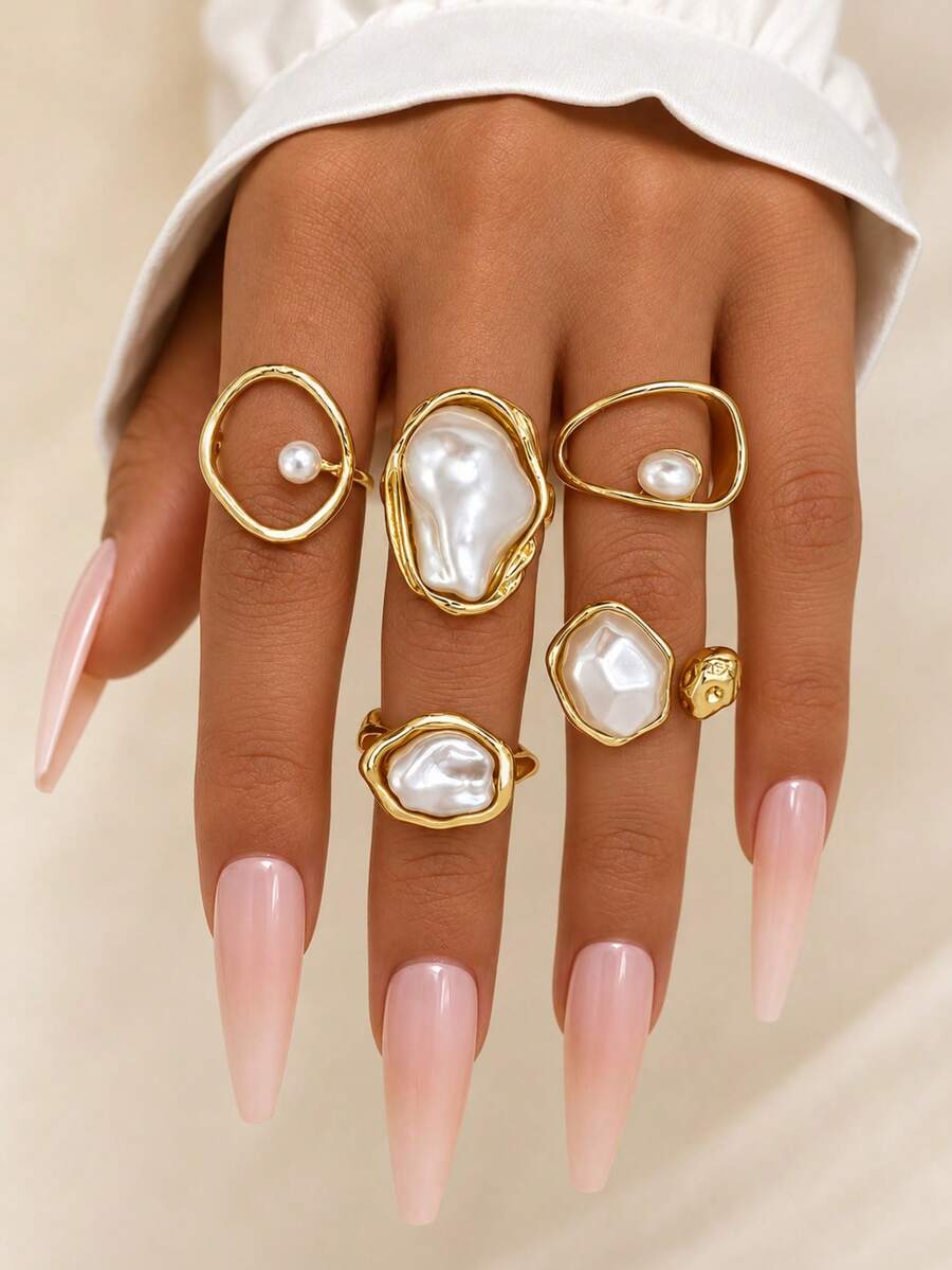 5pcs/Set Cincin Terbuka Geometris Mutiara Imitasi Sederhana dan Elegan untuk Wanita, Cincin Logam Berbentuk Tidak Beraturan yang Berlebihan, Perhiasan Hadiah - Yellow Gold - View 1