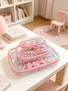 1Pc/3Pcs Pink Laser Transparent Portable Storage Pouch, Girls Kids Hairpin Hair Clip Hair Accessory Organizer Bag,Baby Stuff,Room Essentials - Multicolor - View 2