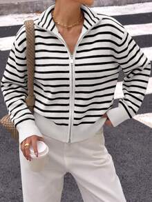 Women's Winter Streetwear Preppy Style Black & White Striped Double Zipper Cardigan Sweater Jacket - Black and White Stripes - View 7