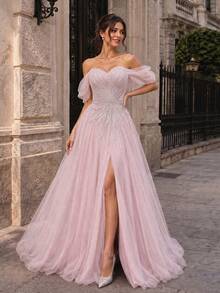 VIPGIRL New Elegant Off Shoulder Mesh Slit Luxury Evening Dress - Pink - View 5