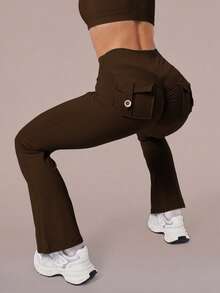 6pecil High Waist Flare Yoga Pants With Pockets, Ruched Butt-Flattering Flare Leggings, Tummy Control Anti-Wrinkle Design Sports Flare Pants - Chocolate Brown - View 7