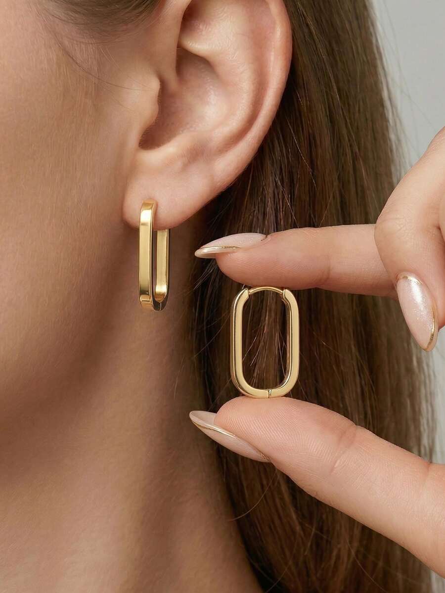 Minimalist Rectangular Hoop Earrings For Women Gold Tone Smooth Elongated Square Ear Rings Thick High Polish Geometric Flat Top Statement Jewelry Gift - Oval - View 1