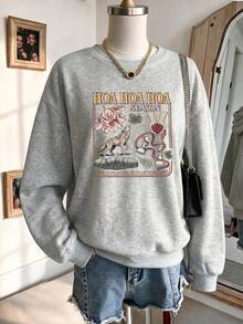 Women's Daily Wolf-Themed Prints Round Neck Long Sleeve Casual Spring/Fall/Winter Hoodie Tops For Women - Light Grey - View 3