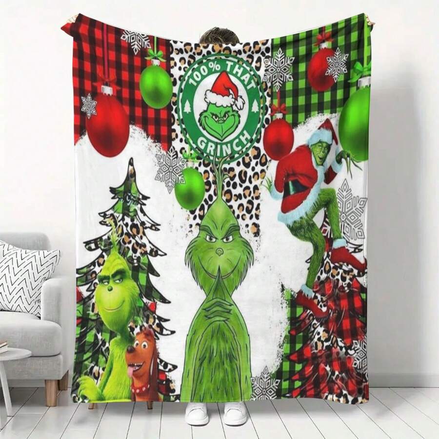 The Grinch 1 قطعة - بطانية فلانيل بطباعة رقمية وحش أخضر بطانية عيد الميلاد والعطلات بطانية دافئة للقيلولة - كرتون متعدد الألوان - مشاهدة 1