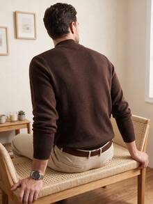 Men's Crew Neck Long Sleeve Solid Color Minimalist Casual Lightweight Knit Sweater For Fall & Winter - Coffee Brown - View 8