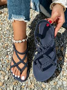 Women Flat Sandals, New Fabric, Solid Color Criss-Cross Elastic Straps Non-Slip, Casual Summer Beach Sandals - Navy Blue - View 2