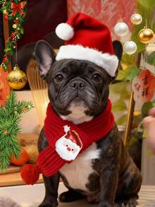 Pet Christmas Hat + Scarf Set Xmas Pet Fancy Dress, Autumn/Winter Cute Pet Cape, Holiday Pet Adorable Costume And Hat Suit Suitable For Small And Medium-Sized Dogs And Cats And The Neck Circumference Is Within 14.75 Inches - Multicolor - View 1