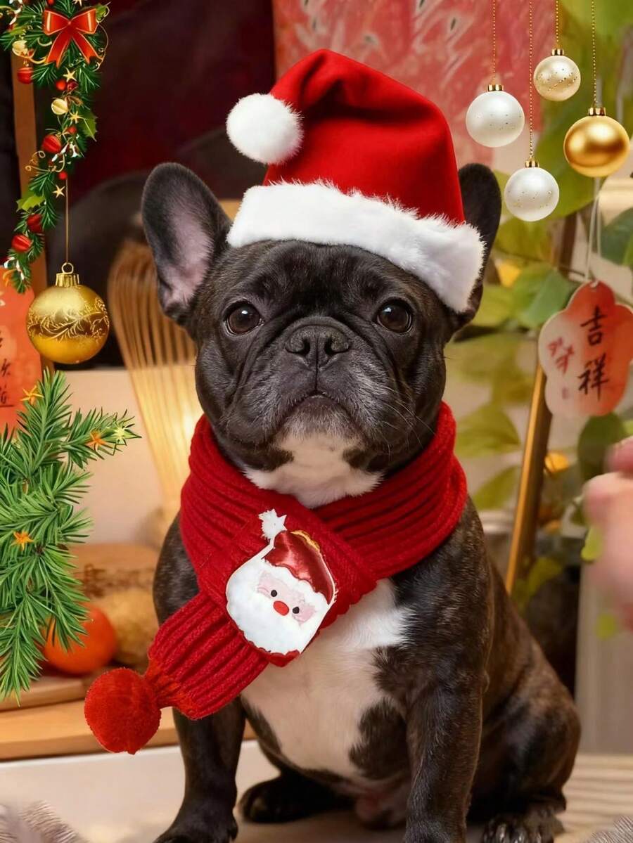 Pet Christmas Hat + Scarf Set Xmas Pet Fancy Dress, Autumn/Winter Cute Pet Cape, Holiday Pet Adorable Costume And Hat Suit Suitable For Small And Medium-Sized Dogs And Cats And The Neck Circumference Is Within 14.75 Inches - Multicolor - View 1