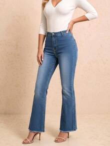 Jeans Flare Wanita Fashion, Potongan Pinggang Sedang dengan Saku Samping, Denim Cuci Elegan - Dark Wash - View 4