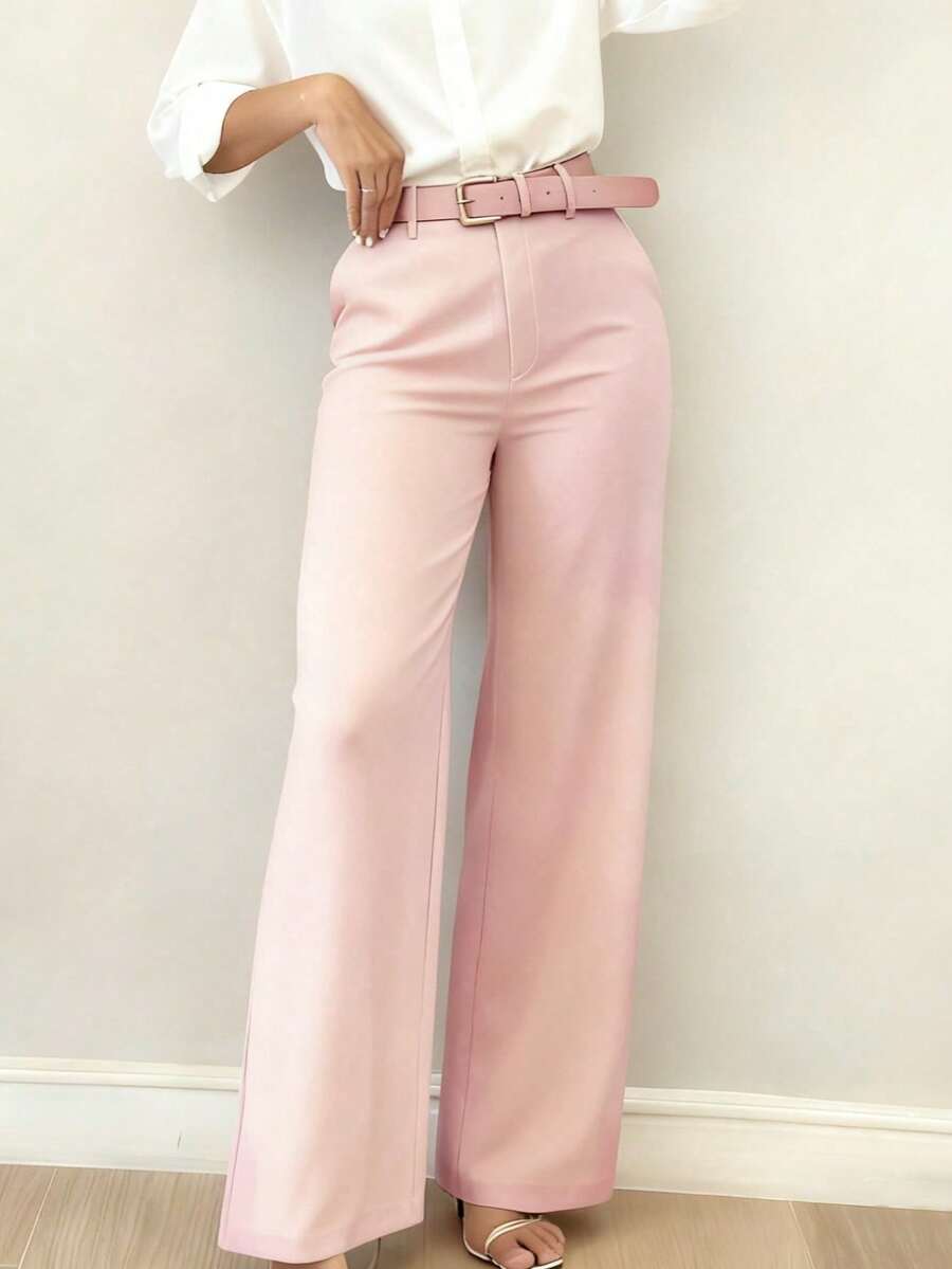 Women's Minimalist Design Flared Leg Casual Trousers, Suitable For Commuting, Office, Daily Wear, All Seasons Spring Pink Fall - Pink - View 1