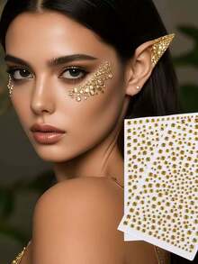 2pcs Gold Face Glitter Body Shiny 3D Rhinestone Stickers, Rave Party Makeup Accessories Rhinestone Stickers, Y2K Style Music Festival DIY Eye & Face Gems, Valentine's Day Gift - Multicolor - View 3
