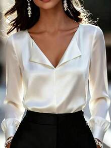 EARO Women's Fashion Long Sleeve Blouse, White, Regular Fit, Silky Satin Fabric, Suitable For Daily Wear - Apricot - View 5